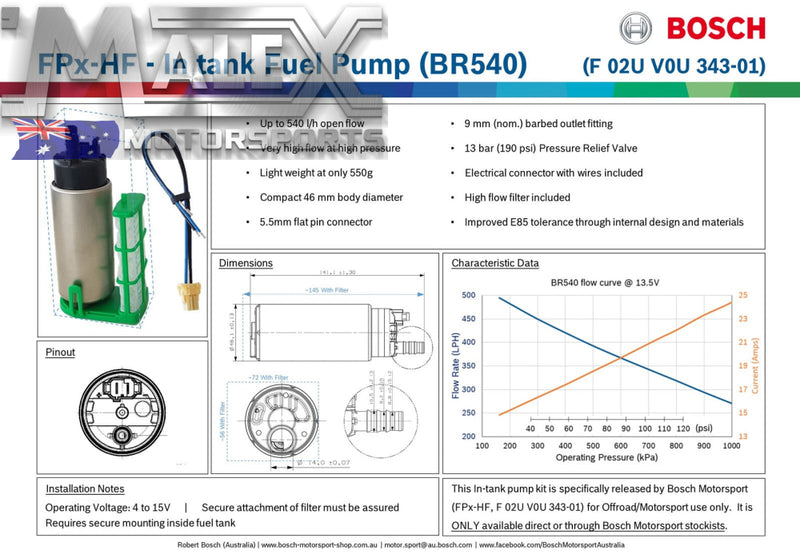 Bosch Fpx-Hf Br540 540L/H In Tank Fuel Pump Ls1 Ls2 Ls3 Lsa Supercharged Vf Gts