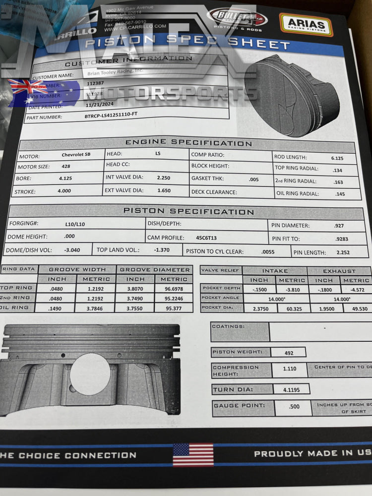 BTR CP PISTON & RING SET - GEN III/IV LS - 4.125’’ BORE - 4.000’’ STROKE - 6.125’’ ROD - 3CC FLAT TOP