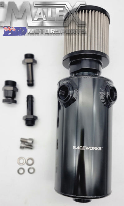 Raceworks Catch Can Round with Y Ports and Drain Plug